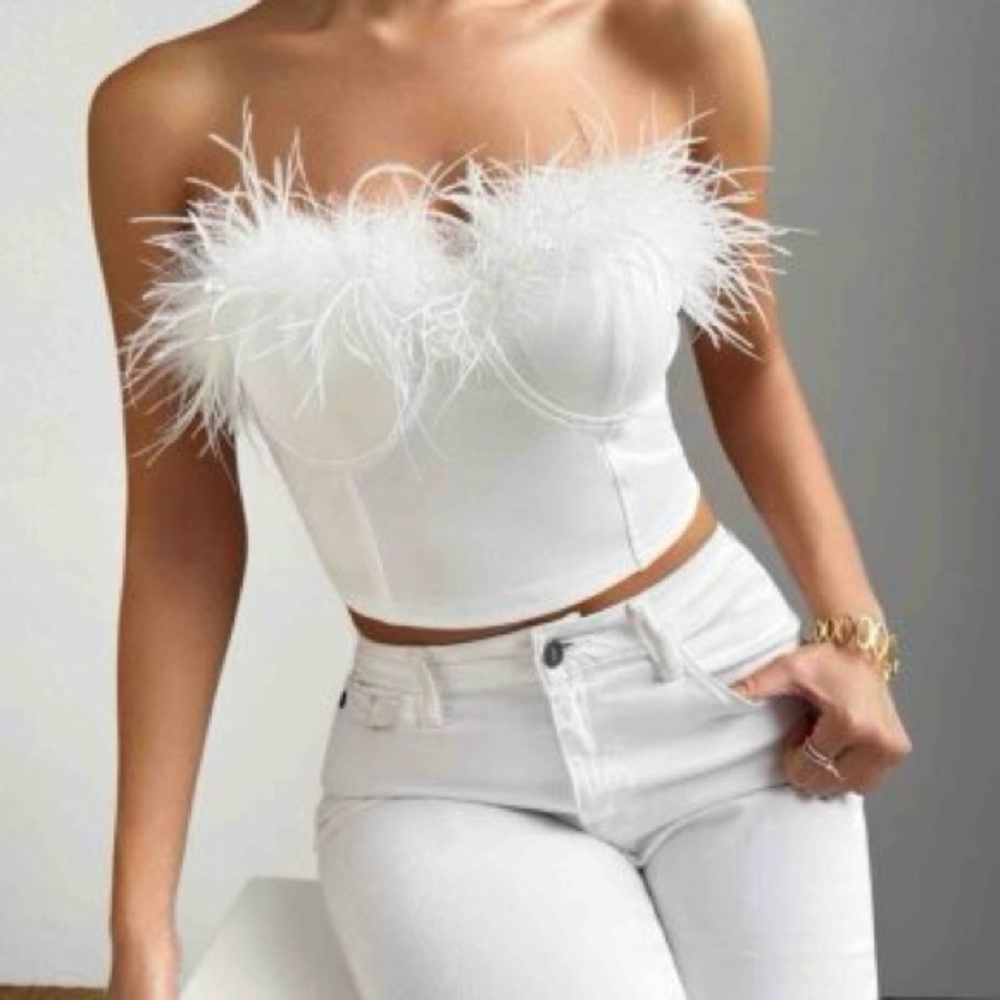 White Feather Trim Bustier Top
